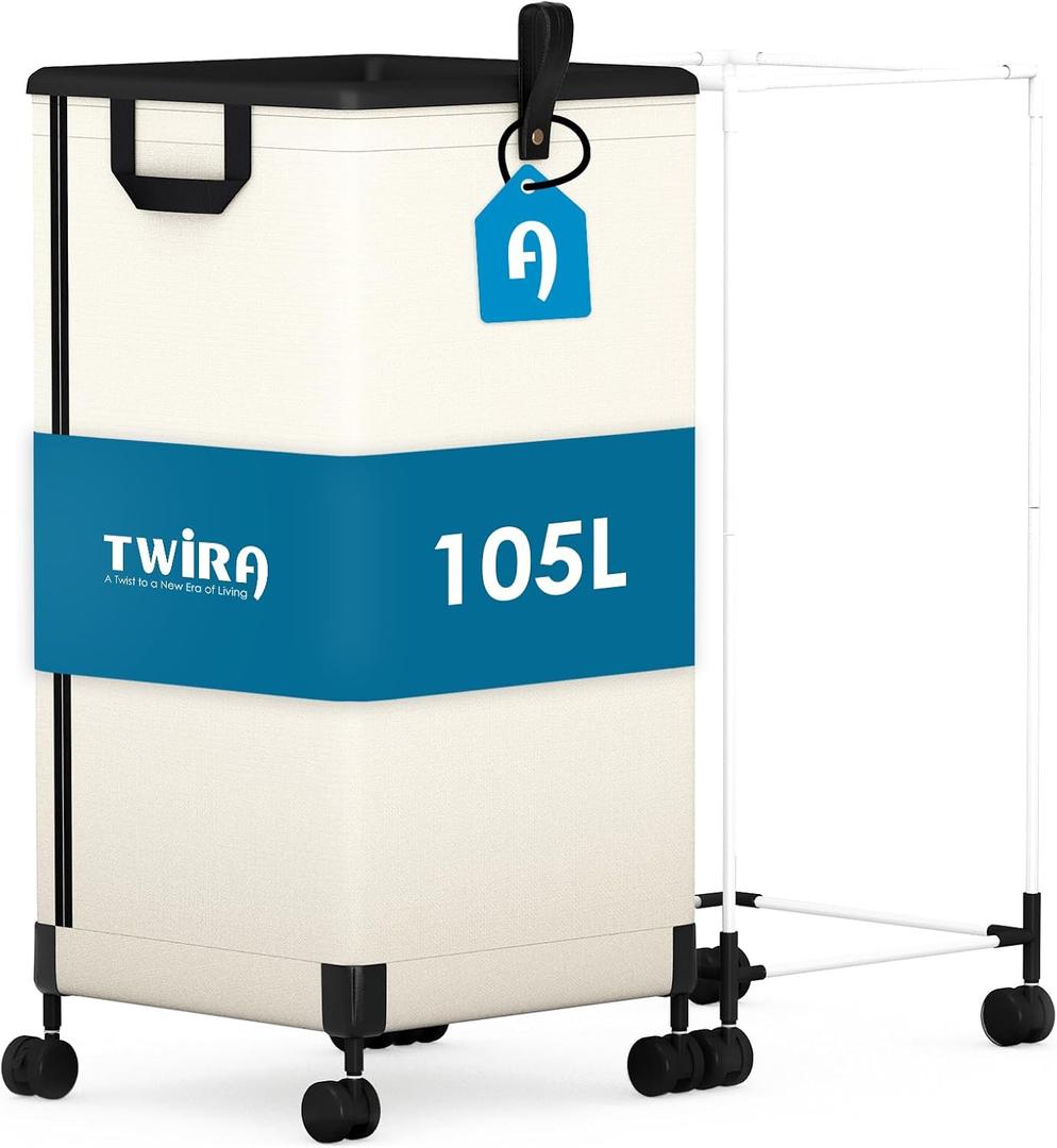 Laundry Basket with Wheels 105L, Large Rolling Laundry Hamper with Removable Bag, Metal Frame Collapsible Dirty Clothes Bin, Cloth Organizer Hampers Pull Handle for Bathroom, Dorm, Bedroom White (105L(27.74gal))