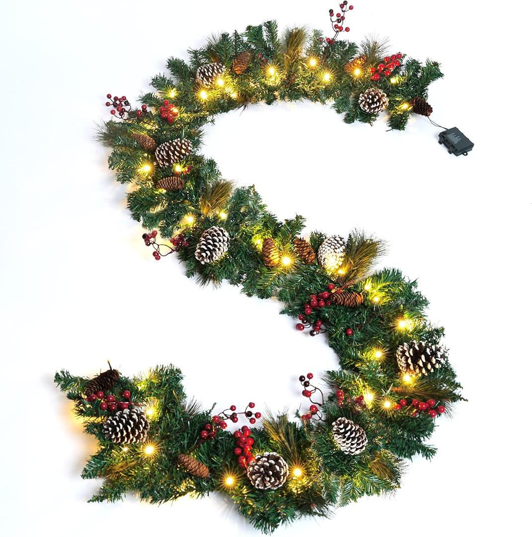 Kurala Christmas Garland with 8 Lighting Modes 9FT Battery Operated, Artificial Mixed with Pine Cones, Red Berries, 50 LED Lights