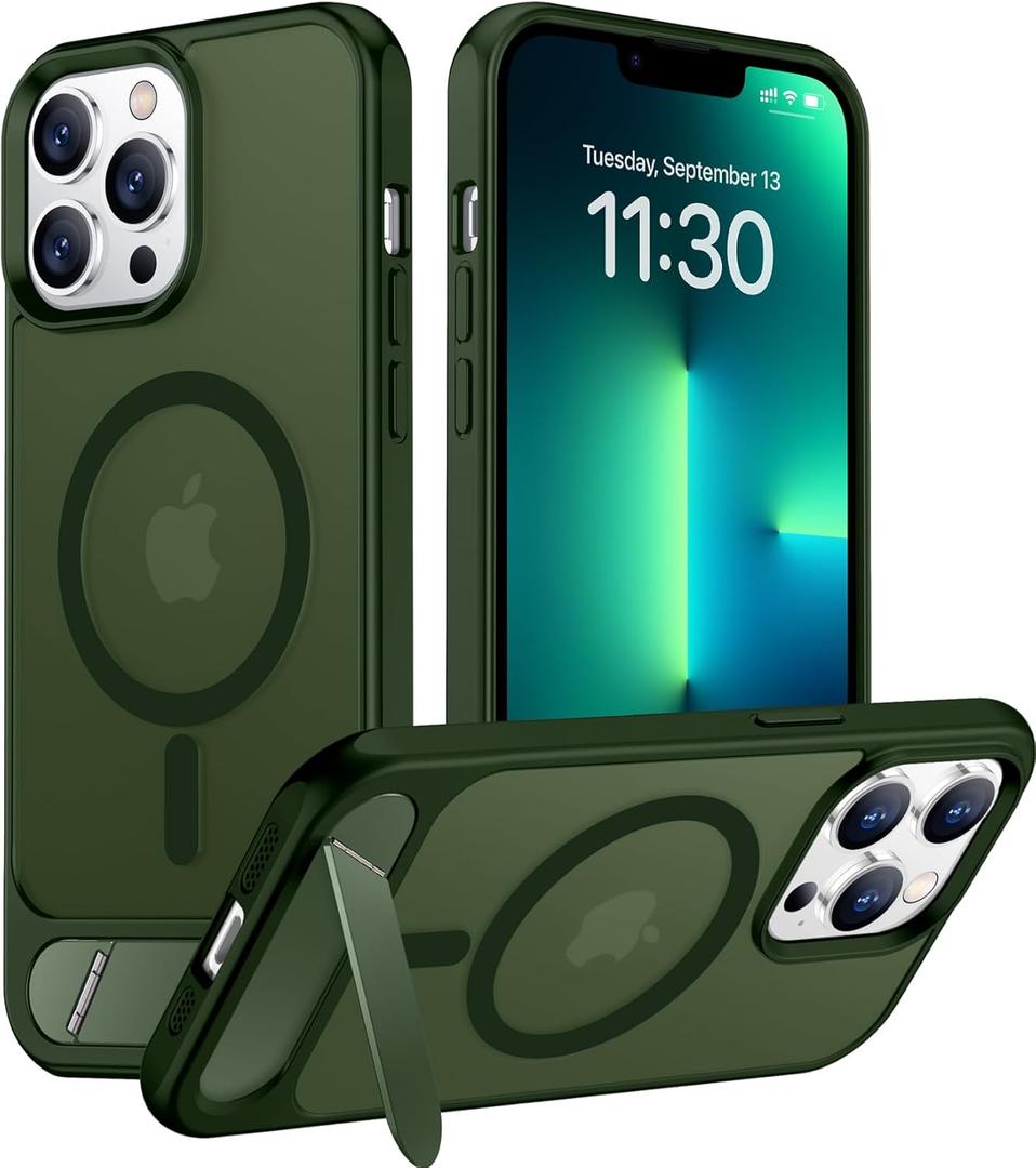 Temdan Magnetic Compatible with iPhone 13 Pro Max Case, [Built-in Invisible Kickstand][Compatible with MagSafe][Military Grade Shockproof] Slim Translucent Matte Phone Case for iPhone 13 Pro Max 6.7" (Green)