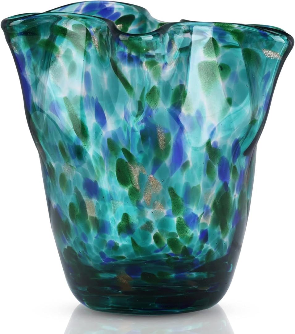 Hand Blown Glass vase, Green Wide-Mouth Petal-Shaped vase, Modern Glass Art Decoration, Ideal for Living Rooms, Kitchens, Weddings, Dining Tables, and Office Centerpiece Floral Arrangements. (C1)