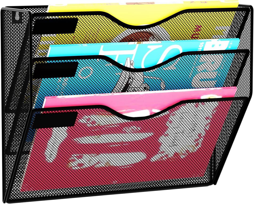 3 Pockets Hanging Wall File Organizer Mail Holder, Wall Mounted Paper Document Folder Holder, Clipboard Storage Organization Magazine Rack, Black
