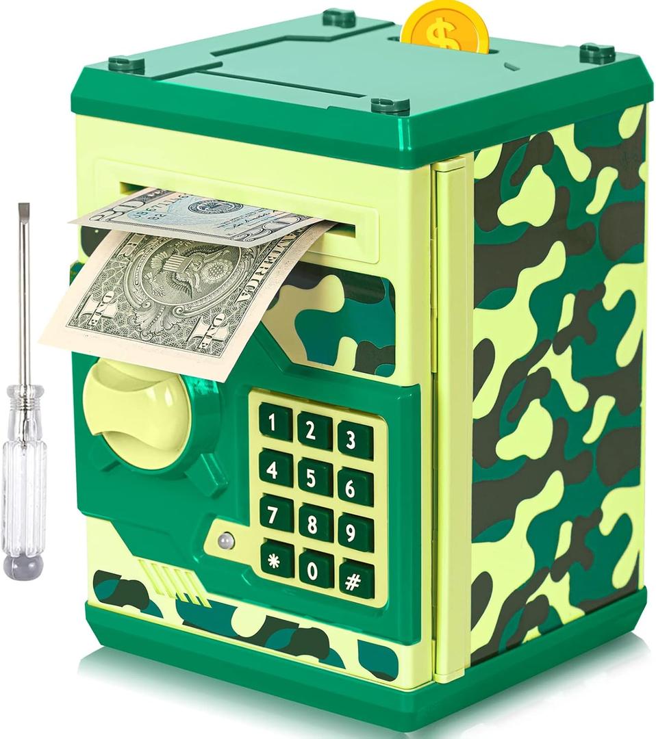 ATM Piggy Bank for Boys Girls, Vcertcpl Mini ATM Coin Bank Money Saving Box with Password, Kids Safe Money Jar for Adults with Auto Grab Bill Slot, Great Gift Toy Bank for Kids(Camouflage Green)