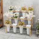 Flower Display Stand with 12Pcs Buckets, Flower Cart Display Stand with Wheels, 3 Tier Metal Plant Stand, Moving Heavy Duty Flower Cart Flower Rack for Florist Indoor Outdoor Patio Garden (White, 12pcs)