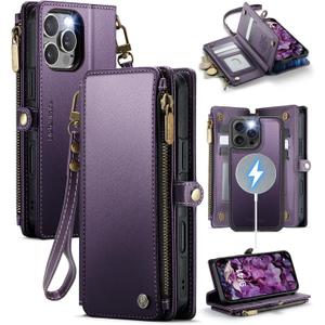 Defencase for iPhone 16 Pro Magnetic Wallet Case Compatible with Magsafe with RFID Blocking Zipper Strap Card Holder for Women Men PU Leather Detachable Case for iPhone 16 Pro (6.3 inches), Purple