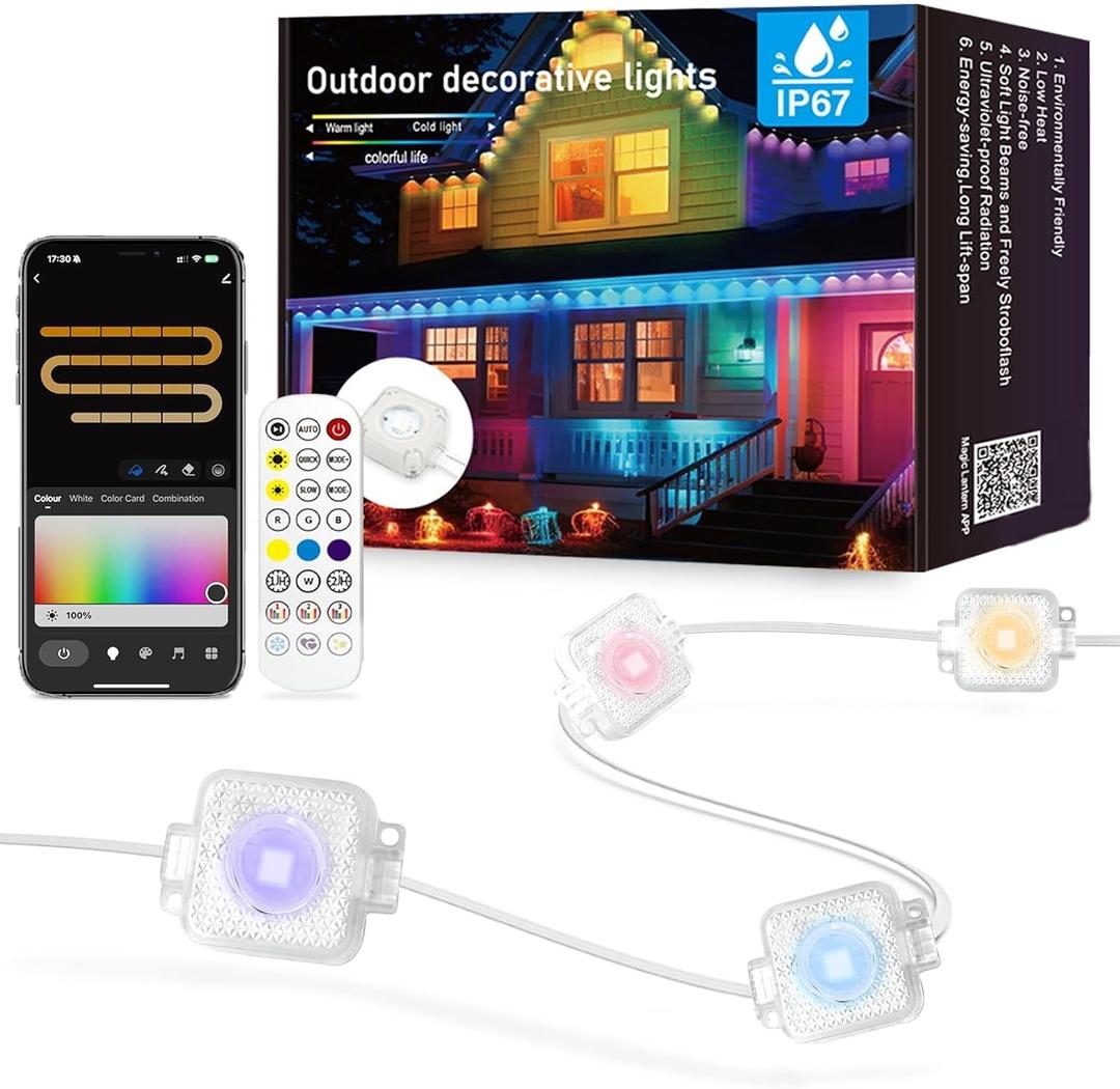 Permanent Outdoor Lights, 100ft with 72 LED Lights, IP67 Waterproof, 75 Scene Modes for Patio, Eave, Outdoor Decor, Compatible with Alexa, Google Assistant, White