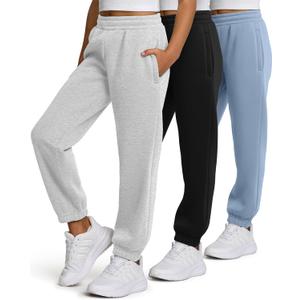 PURE CHAMP Girls Sweatpants 3 Pack Fleece Athletic Joggers, Teen Sweat Pants with Zipper Pockets and Drawstring Size 4-16 (X-Small, Black, Heather Grey, Skyl Blue)