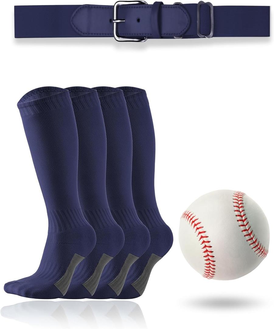 Toddler/Youth Softball Socks, Belt and Baseball Combo Set (2 Pairs of Socks, 1 Belt and 1 Baseball) for Boys Girls (Navy)
