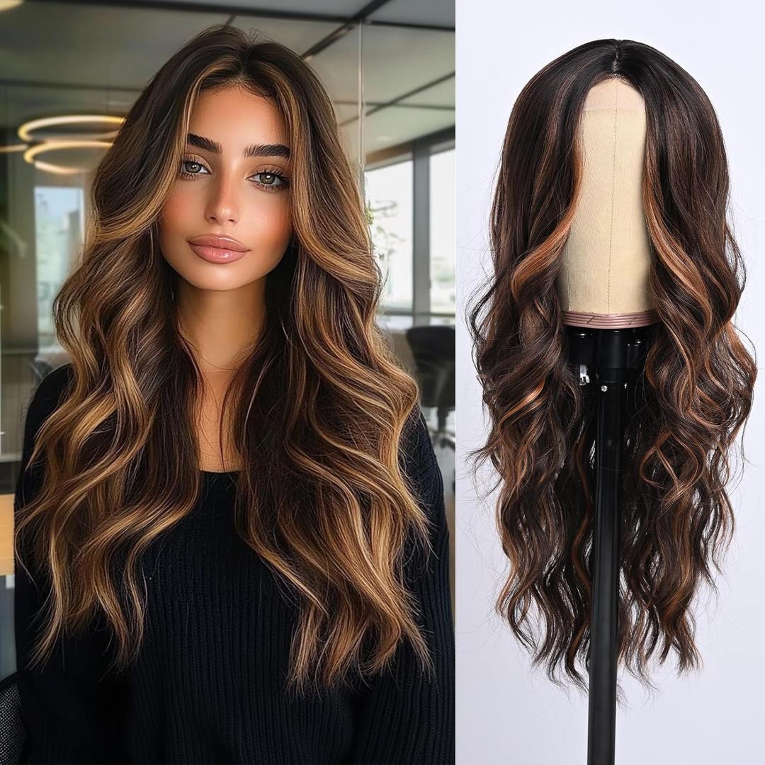 Dark Brown Wig With Highlight for Women Middle Part Brown Mixed Blonde Wavy Wigs With Highlights Natural Looking Synthetic Heat Resistant Fiber Wig for Daily Party Use (26 Inch)