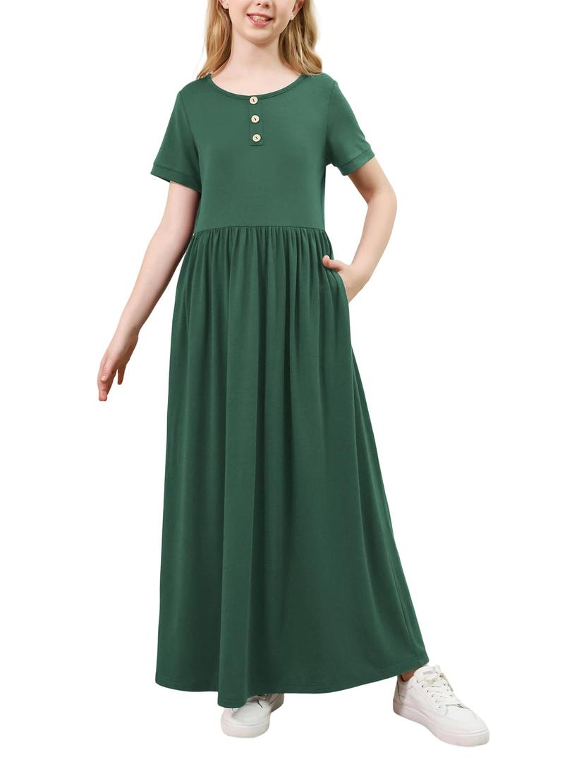 GORLYA Girls Casual Button Knit Modest Cute Flowy Long Maxi Dress with Pockets for 6-14Y Church School Daily Wear (GOR1257,14Y,Green)