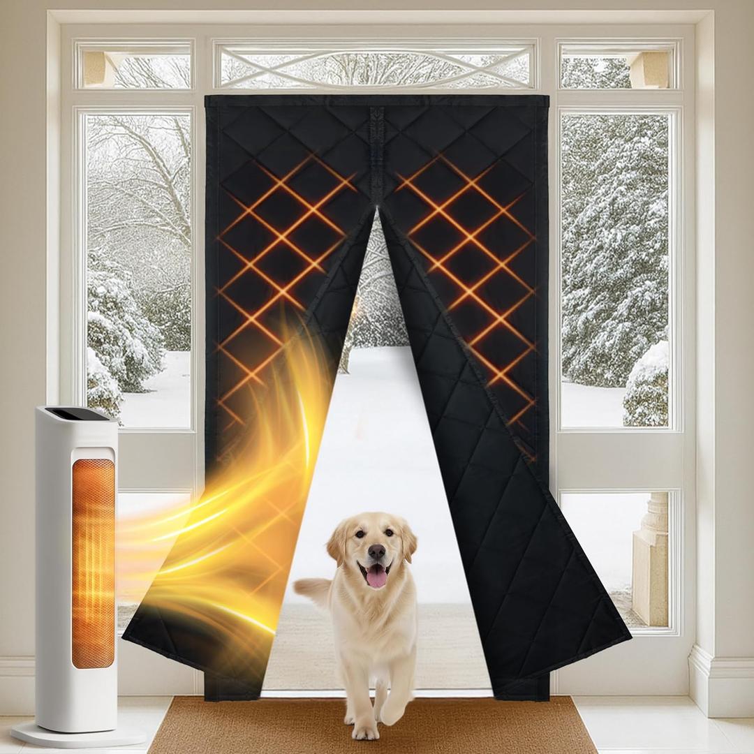 Magnetic Thermal Insulated Door Curtain – Curtain Size 34" x 82" (Fits Door Size 32" x 80") Washable Oxford Fabric Triple Layer Cover, Pet-Friendly, Waterproof & Windproof Door Cover, Black
