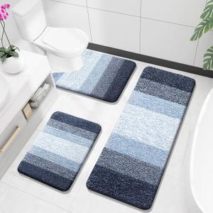 OLANLY Bathroom Rugs Sets 3 Piece, Soft Absorbent Microfiber Bath Mats and U-Shaped Contour Toilet Rug, Plush Shaggy Bath Mat Set for Bathroom (47"x20"+24"x16"+24"x20", Dark Blue)