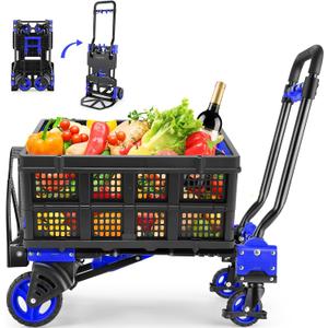 2-in-1Hand Truck Dolly Foldable with Folding Basket, 330LB Folding Hand Truck Heavy Duty Carrying, Combination of 4 Wheels and 2 Wheels Convertible Dolly Cart with Retractable Handle Dolly for Moving