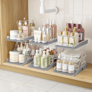 3 Pack Bathroom Organizers and Storage - Multi-Purpose,2-Tier Clear Pull Out Organization for Bathroom,Under Sink,Kitchen,Vanity,Countertop,Cabinet,Pantry & Medicine Cabinet,Grey