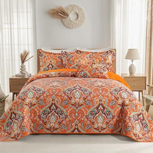 VAPUTAR Cotton Quilt King Size, King Size Quilt Bedding Set with Bohemian Damask Pattern-3Pieces Lightweight Reversible Soft Bedspread Coverlet (98 * 106 in) Suitable for All Season （Light Orange）