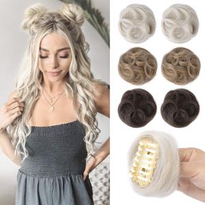 REECHO 2 PCS Mini Claw Clip in Messy & Cat Ears Hair Bun Extensions HB001 Wig Accessory Updo Hairpieces for Women Girls (Pack of 2-3.5" Wavy, Pearl Platinum)