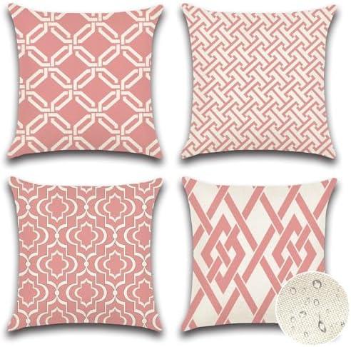 OTOSTAR Set of 4 Waterproof Throw Pillow Covers 18x18 Inch Farmhouse Geometric Square Pillow Cases for Couch Patio Furniture Balcony Garden Outdoor Decoration（Geometry40-Pink）Pack of 2