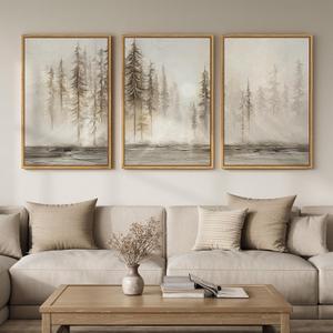 Large Framed Neutral Abstract Landscape Set of 3 Living Room Wall Art, Modern Misty Pine Forest Canvas Artwork for Walls, Beige Rustic Farmhouse Nature Wall Decor for Bedroom Hallway Office, 24x36 In, 24" W x 36" H x 3Pcs