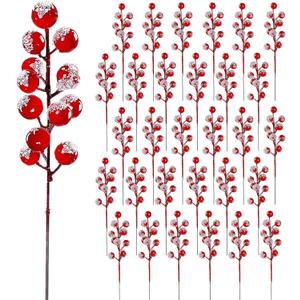 30 Pack Artificial Red Snowy Berry Stems, Christmas Tree Decorations, 8 Inch Snow Red Frosted Spray Holly Berries Picks Christmas Tree Filler Branches Ornaments Holiday Winter Decor