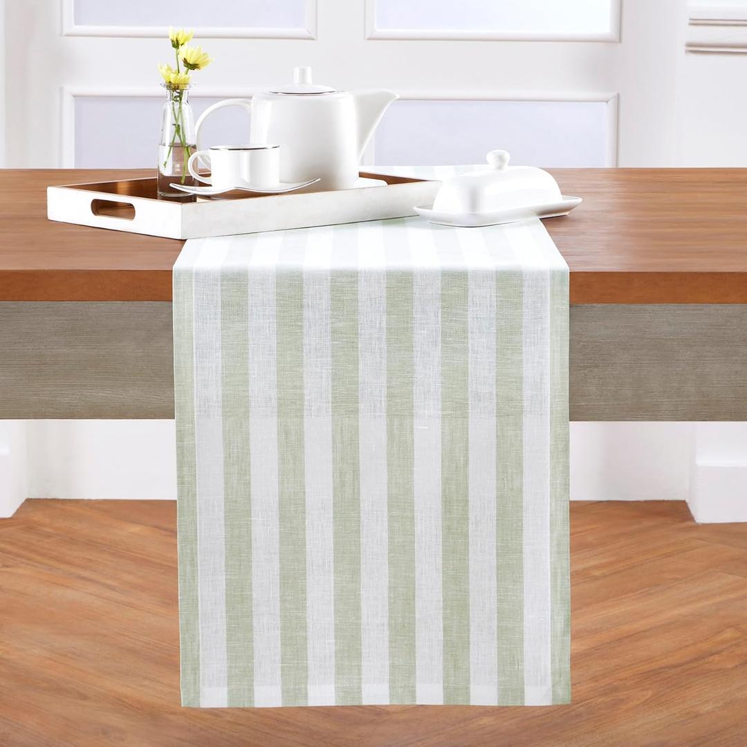 Solino Home Linen Table Runner 120 Inches Long - Sorrento Stripe, 100% Pure Linen Sage and White Table Runner 14 x 120 Inch for Dining, Summer