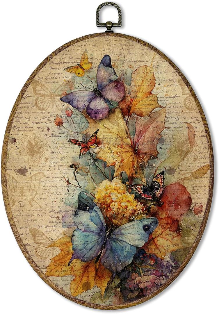 AEHIE Vintage Fall Butterfly Oval Wall Art Decor, Autumn Colorful Butterfly Floral Canvas Artwork Framed, Retro Rustic Oval Wall Art for Home Bedroom Living Room Decor, 11x8.5 Inches