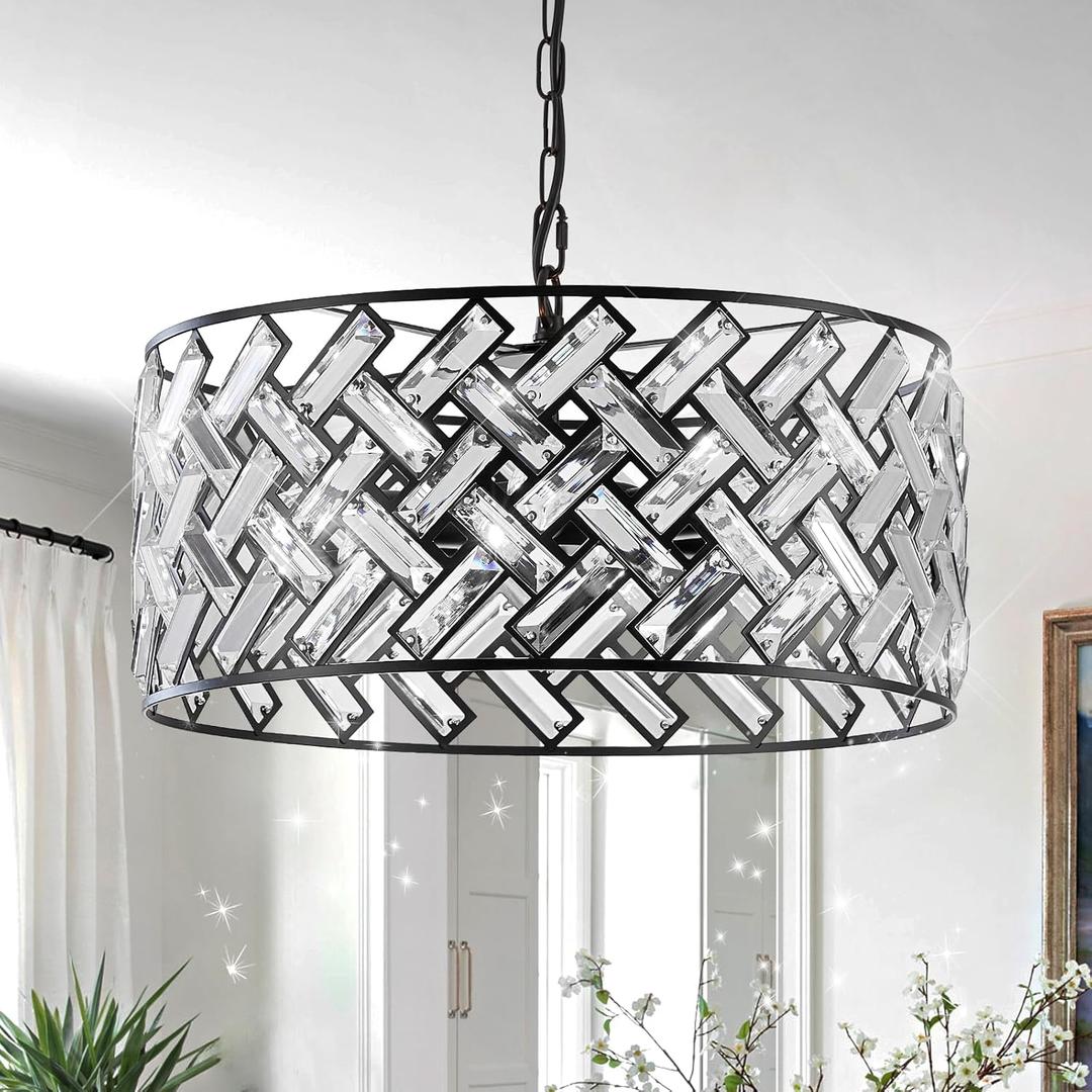 Crystal Ceiling Light Black Modern Chandelier 18" Pendant Light 6-Light Convertible Semi Flush Mount Lighting Drum Semi Flush Mount Hanging Drum Shade for Kitchen Island Dining Room Bedroom Hallway