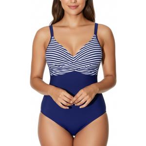 LIZNES Women's One Piece Swimsuit Tummy Control Bathing Suit Front Criss Cross V Neck High Waisted Swimwear (Blue, M)