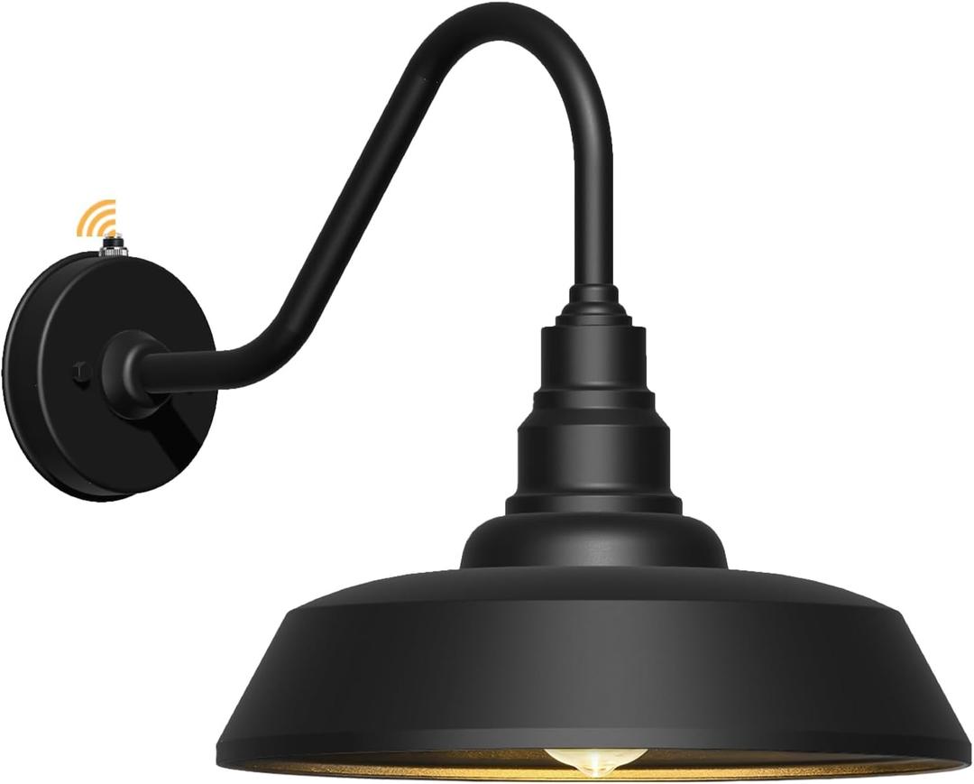 15 Inch Large Outdoor Gooseneck Barn Light, Dusk to Dawn Barn Light Waterproof and Rustproof Exterior Light Fixture for Patio, Porch, Garage, Gooseneck Lighting (Black)