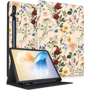 for Samsung Galaxy Tab S10 Fe/S9 Fe Case - Tab S9 Case for Women Girls Cute Unique Design Girly Kawaii Flower Floral Pretty Folio Tablet Cover with Pencil Holder