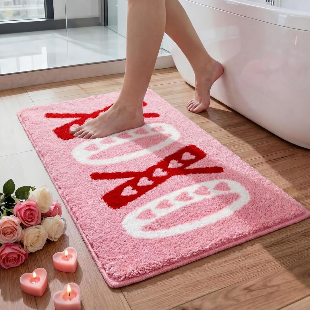 Duraaamo Valentines Bathroom Rug 16 x 24 Inch Pink XOXO Tufted Bath Mat Absorbent Non Slip Rectangle Anniversary Wedding Mat Floor Doormats Rugs for Bathroom Living Room Home Decor