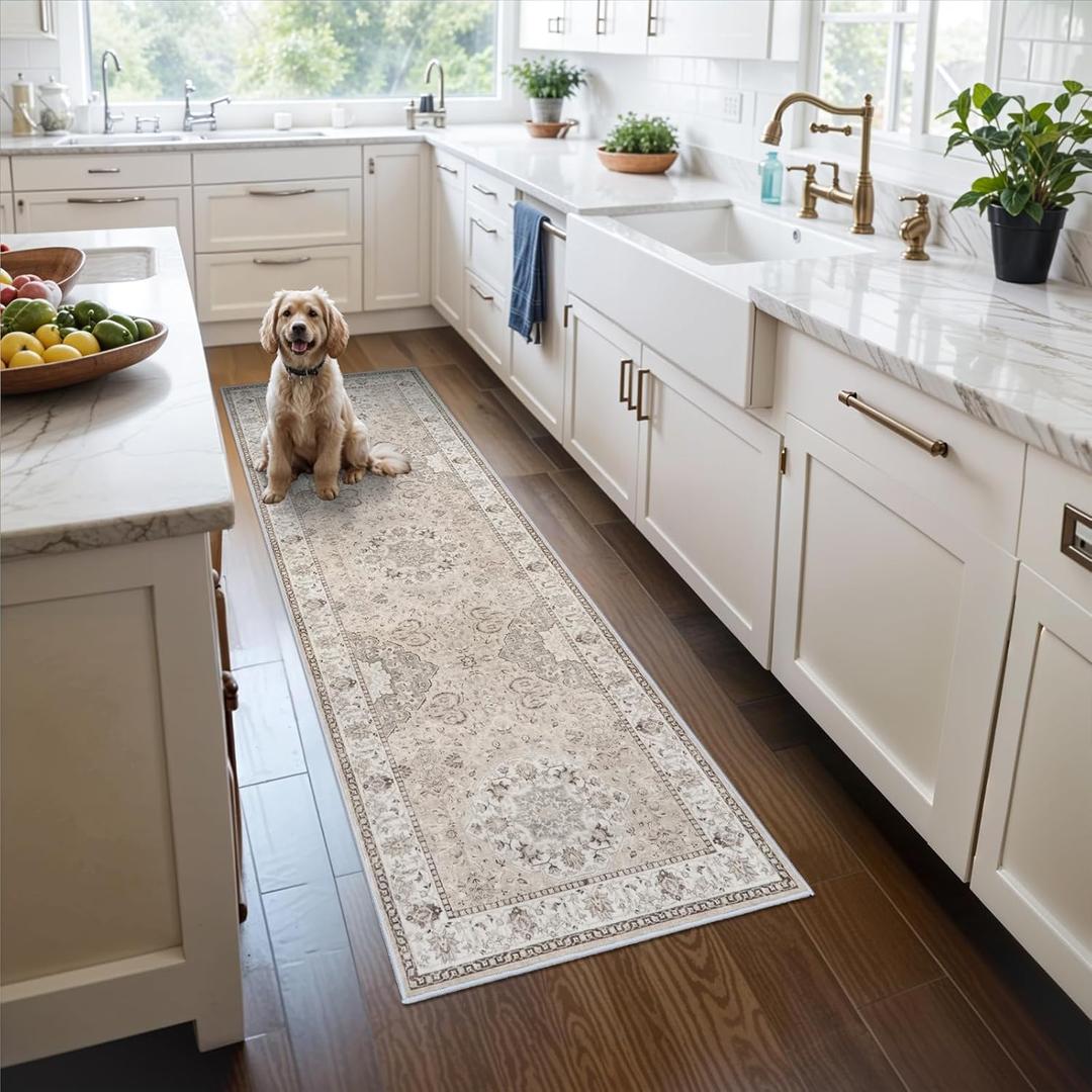 2x6 Hallway Washable Runner Rug : Vintage Soft Kitchen Laundry Runner with Non Slip Backing Farmhouse Entryway Living Room Floor Mat Stain Resistant Carpet for Bedroom Bathroom Distressed Beside Rug (Beige)
