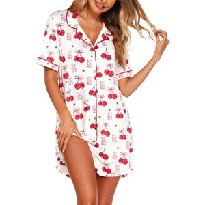 ASTANFY Nightgowns for Women Button Down Sleepshirt Short Sleeve Nightshirt Xmas Pajamas V Neck Nightdress (Small, Cherry-white)