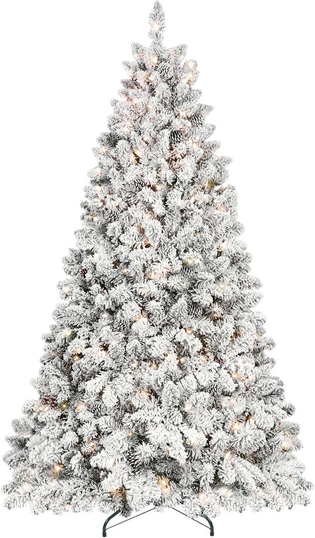 5ft Pre-lit Flocked Christmas Tree, Artificial Christmas Tree with Lights, Snow Frosted Christmas Trees Pre-lit with Pine Cones & 300 UL Lights, 600 Tips, Hinged Easy Setup Xmas Tree