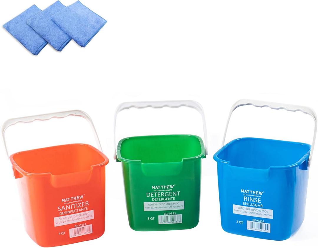 Matthew Red&Green&Blue Detergent and Sanitizing Cleaning Bucket 3 Quart Cleaning Pail, Set of 3 Square Containers, Built-In Spout w/Handle, Wash Rinse Sanitize Handwash Bucket, Incl.3Pcs Microfiber Cloths
