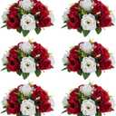NUPTIO Artificial Flower Centrepieces for Tables - 6 Pcs Crimson & White Fake Flowers Roses Balls 9.5in Diameter - Silk Faux Rose Arrangement for Wedding Party Centerpiece Table Decorations