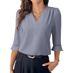 EVALESS Business Casual Tops for Women Dressy 3/ 4 Sleeve Pleated V Neck Spring Blouses Work Office Chiffon Shirts Beau Blue, M