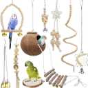 9-Piece Parrots Chewing Toy Set - Natural Wood & Rope Bungee Toys for Anchovies, Coconut Hideaway with Ladder, Bird Perch Stand, Cage Accessories for Parakeets, Cockatiel, Conure, Mynah, Macaw