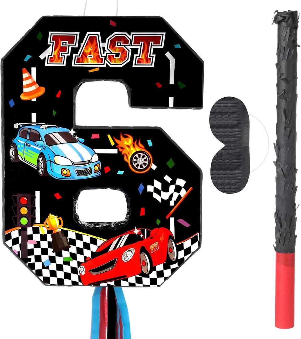 Race Car Piata Pull String Cars Piatas for Birthday Party Decorations Number 2 3 4 5 6 with Blindfold Stick Small Red Black Racing Theme 2nd 3rd 4th 5th 6th Party Supplies