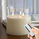 Extra Large Flameless Candles with 3 Wicks, 6"x6" Glass Battery Operated Candles with Remote, Real Wax Flickering LED Candles Fake Candle for Home, Wedding, Party, Clear