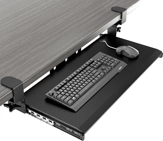 AX WABER Keyboard Tray Under Desk Pull Out with Extra Sturdy C Clamp Mount System, 27.3 (32.5 inch Including Clamps) x 11 Inch SlideOut Platform Computer Drawer for Typing Vintage AX01WG02