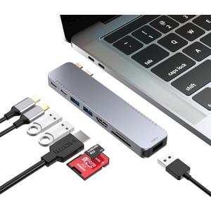 BHHB USB C Hub Adapter for MacBook Pro Air Docking Station 8-in-2 for Mac Book Accessories Dongle 4K@30Hz HDMI, Thunderbolt 4/3, USB 3.0, SD/TF, USBC Dock Multiport Adapter for Mac M5 M4 M3 M2 M1 (Silvery)
