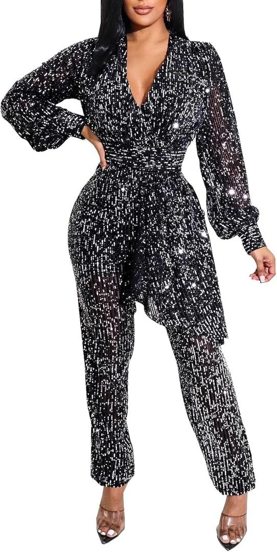 Women Sparkly Dressy Jumpsuit Deep V Neck Long Sleeve Clubwear Plus Size Wide Leg Long Pants Rompers (Large)