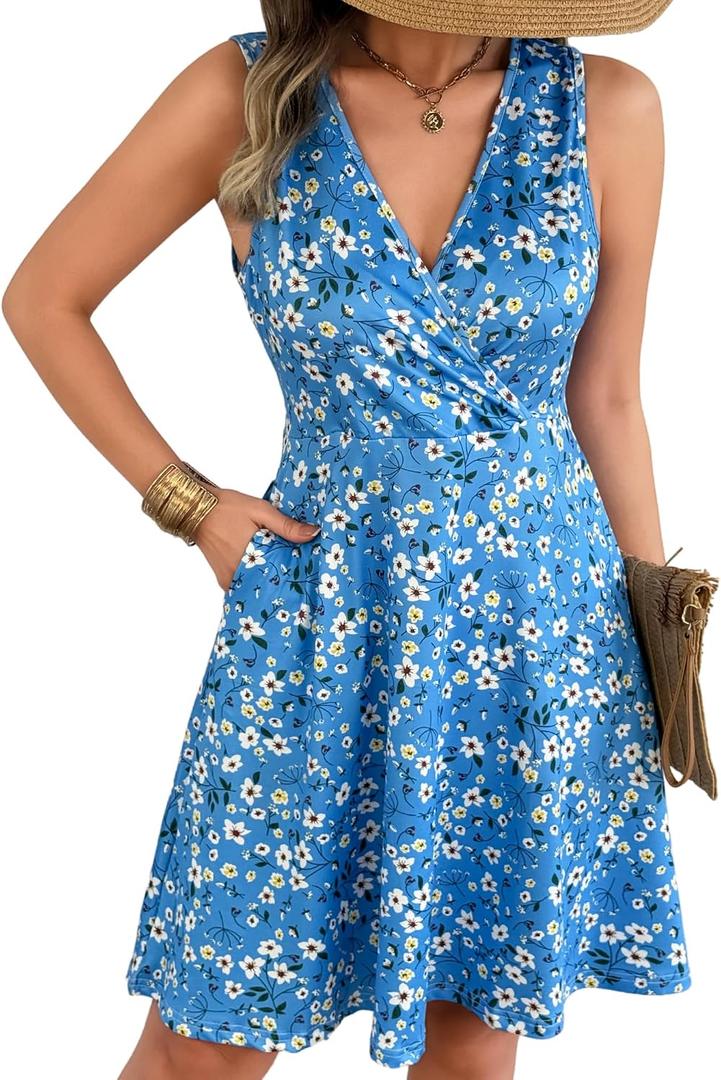 Casual Sleeveless Summer Dresses for Women | Floral Sundress, Wrap V-Neck, Elastic Waist with Pockets, Fit and Flare A-Line Design for Vacation, Beach, Casual Wear (M)