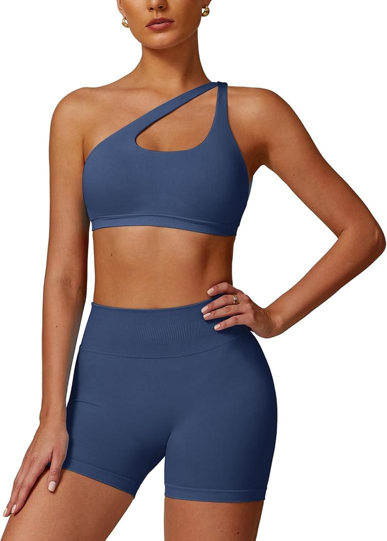 ABOCIW Workout Sets for Women Crossover High Waist Biker Shorts One Shoulder Sports Bra 2 Piece Gym Yoga Outfits Small