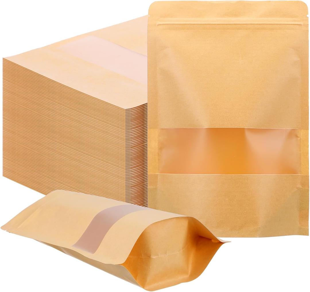 200Pcs Krafted Paper Bags with Transparent Window, 6x9 Inch Resealable Bag, Zipper Food Storage Bags, Stand Up Pouches, Food Storage Pouches for Packaging Snacks, Cookies, Candy