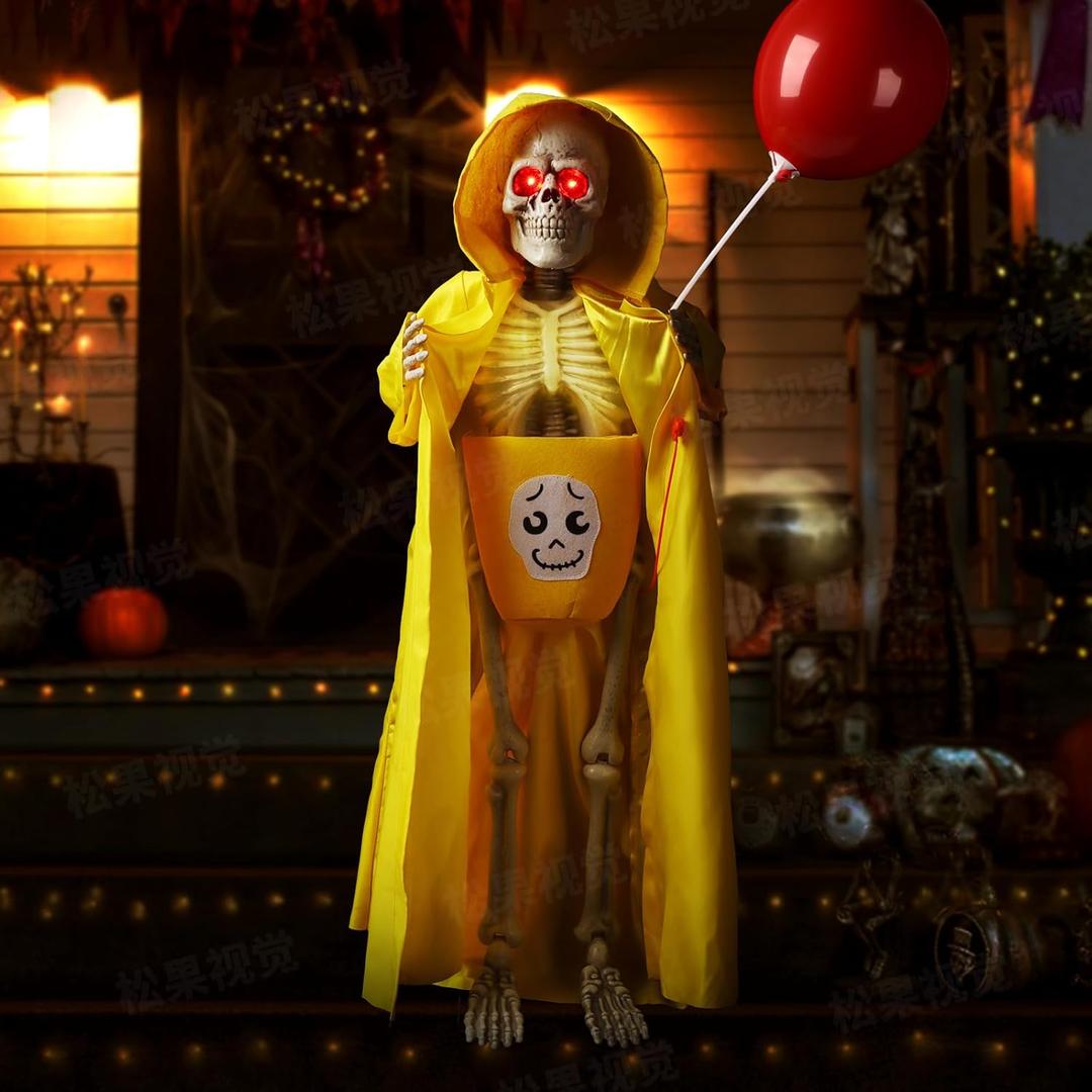 37.3'' Halloween Decorations Outdoor with Candy Bag Life Size Scary Animated Animatronics Skeleton with Button & Sound Activated Sensor  Spooky Scary Decor Decor for Home, Yard, Party