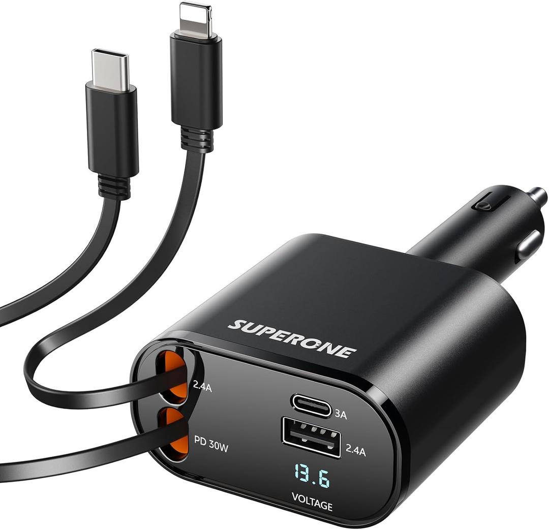 SUPERONE Retractable Car Charger 4 in 1 Fast Car Phone Charger Adapter with Type C & Apple Cords Compatible with iPhone 17/16/15/14/13/12/11, Galaxy, Pixel