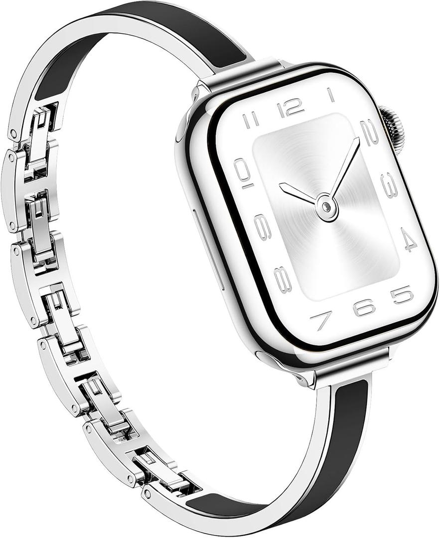 Supoix Slim Bracelet Bands for Apple Watch Women, Chic Thin Metal Band with Embedded Silicone Accents and Easy-Adjust Clasps, Compatible with Apple Watch Series 11/ 10 42mm, Series 9/ 8/ 7 41mm, Series 6/ 5/ 4/ SE 40m, Series 3/ 2/ 1 38mm (Sliver + Black)