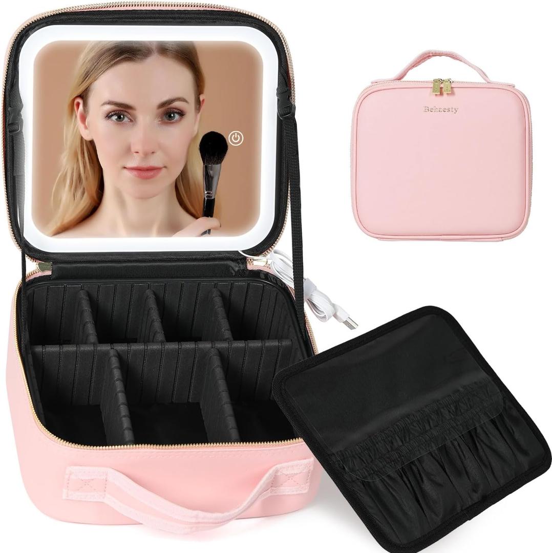 Behaesty Travel Makeup Bag with LED Lighted Mirror, Cosmetic Makeup Organizer Bag with 3 Color Setting, Makeup Train Case with Adjustable Dividers for Women Makeup Brushes Jewelry Accessories (Pink)