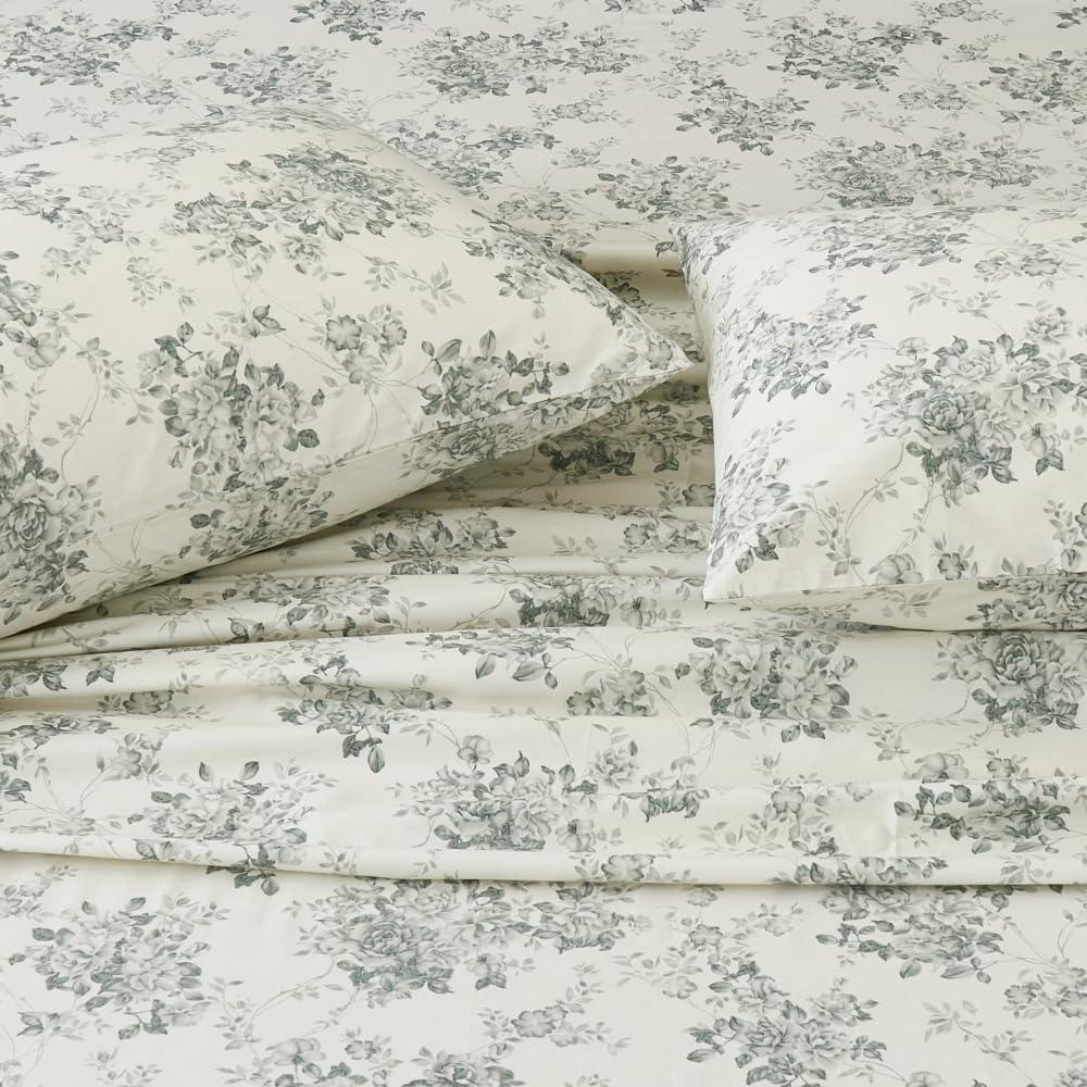 Split King Cotton Sheets Set Printed Bedding Sets, Bedlinen for Mattress Up to 14" Deep, Toile Rose Floral Pattern Bedlinen Set, Gray