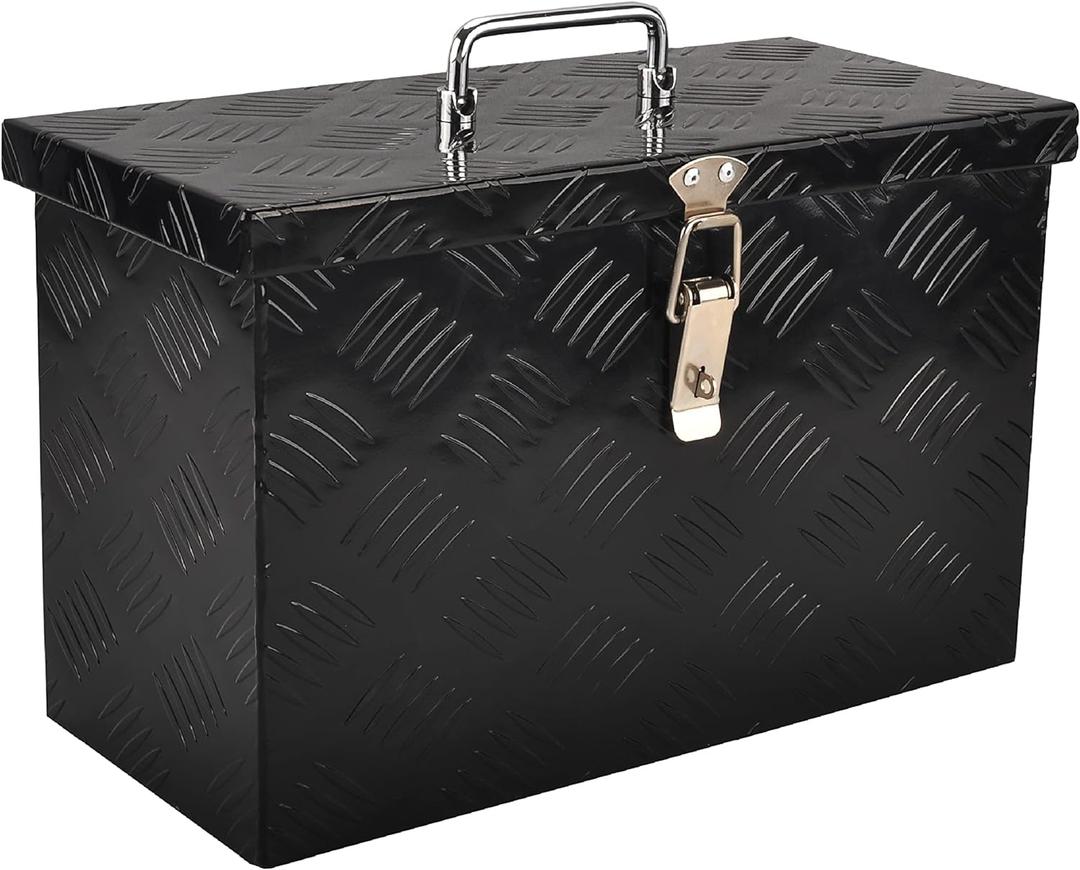 16 Inch Aluminum Truck Bed Tool Box Truck Car Outdoor Trailer Pickup Underbody Toolbox,RV Storage OrganizerTrailer Storage W/Side Handle&Lock,5 Bar Tread,Black(16"X7.5"X10")